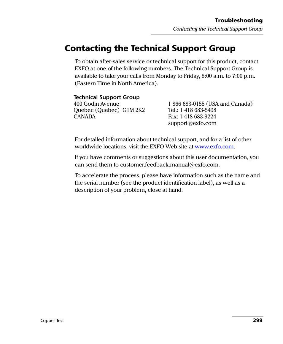 Contacting the technical support group | EXFO FTB-610 Wideband Copper Test Module User Manual | Page 307 / 326