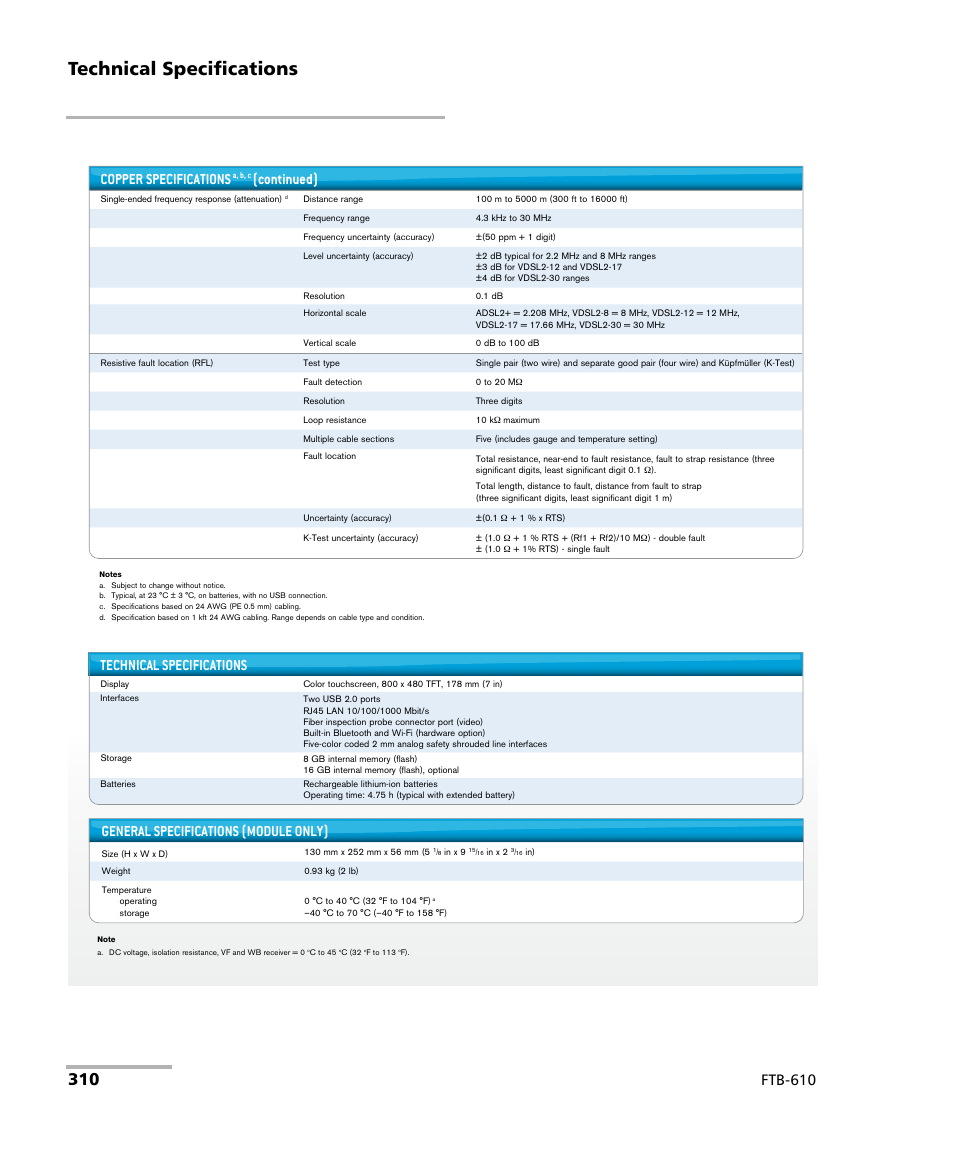 Technical specifications, Ftb-610 copper specifications, Continued) | General specifications (module only) | EXFO FTB-610 Wideband Copper Test Module User Manual | Page 318 / 326