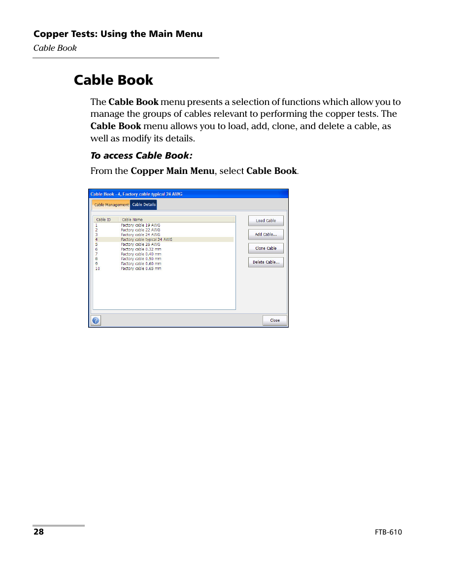 Cable book | EXFO FTB-610 Wideband Copper Test Module User Manual | Page 36 / 326