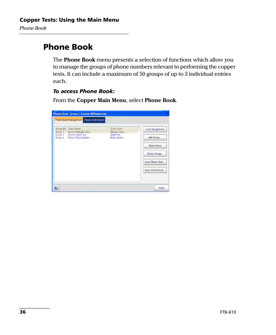 Phone book | EXFO FTB-610 Wideband Copper Test Module User Manual | Page 44 / 326