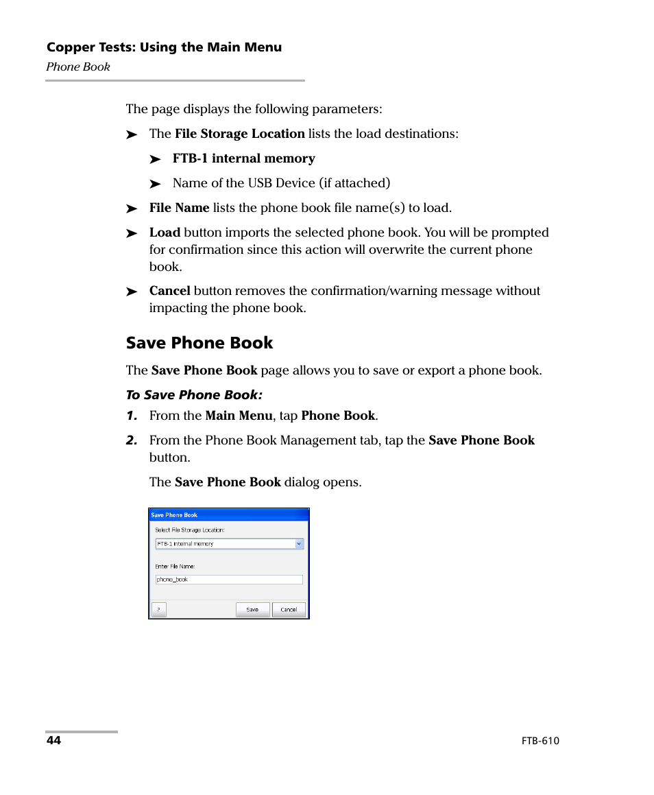 Save phone book | EXFO FTB-610 Wideband Copper Test Module User Manual | Page 52 / 326