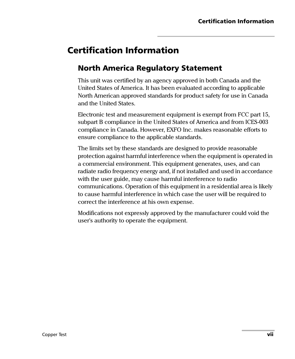 Certification information, North america regulatory statement | EXFO FTB-610 Wideband Copper Test Module User Manual | Page 7 / 326