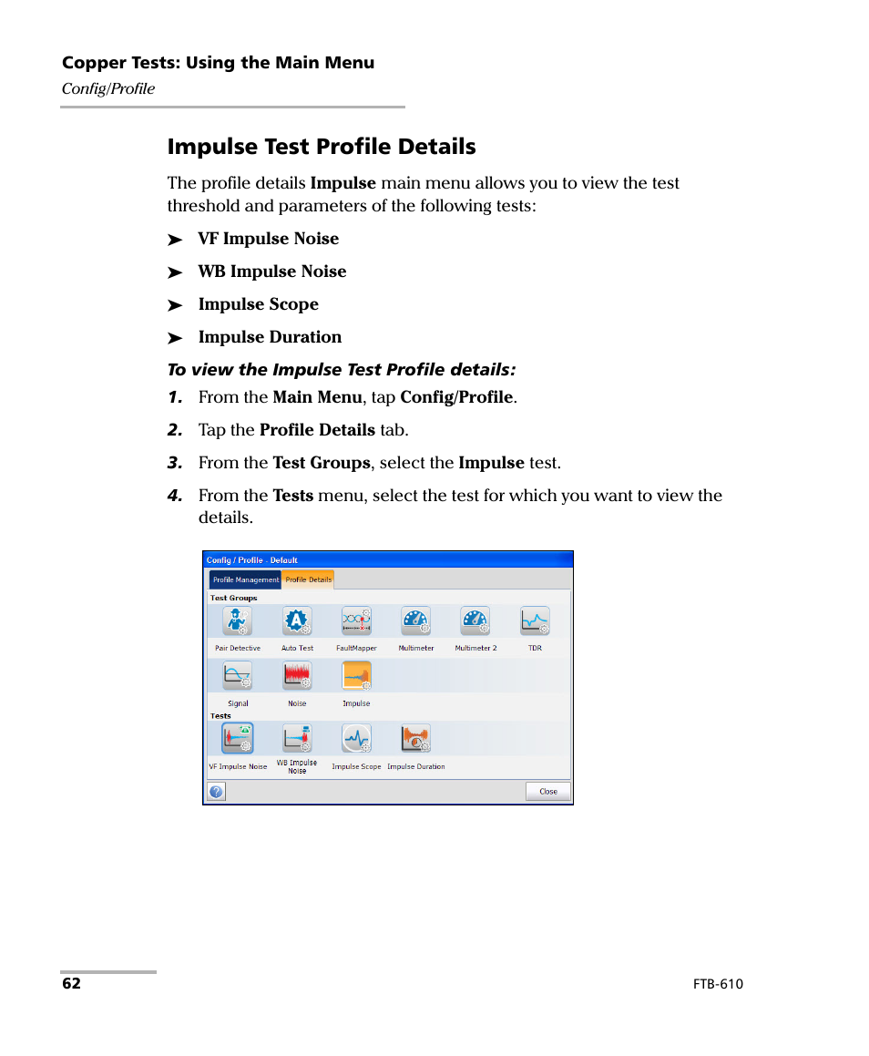 Impulse test profile details | EXFO FTB-610 Wideband Copper Test Module User Manual | Page 70 / 326