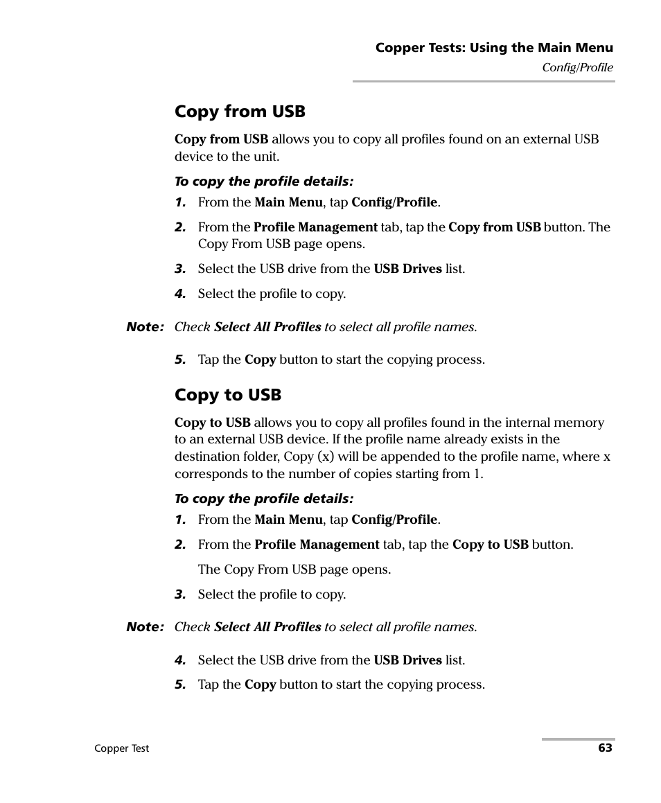 Copy from usb, Copy to usb | EXFO FTB-610 Wideband Copper Test Module User Manual | Page 71 / 326