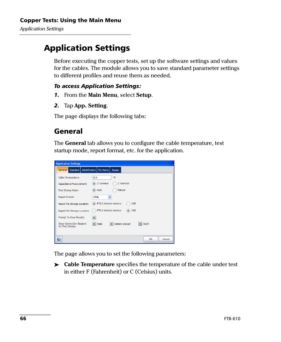 Application settings, General | EXFO FTB-610 Wideband Copper Test Module User Manual | Page 74 / 326