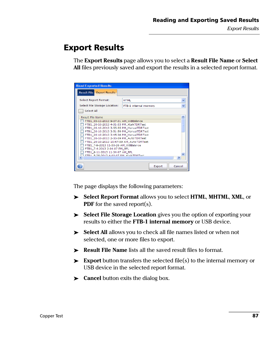 Export results | EXFO FTB-610 Wideband Copper Test Module User Manual | Page 95 / 326