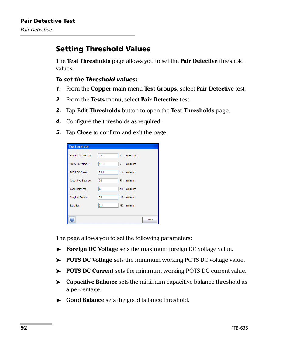 Setting threshold values | EXFO FTB-635 Wideband Copper and DSL Test Module User Manual | Page 100 / 373