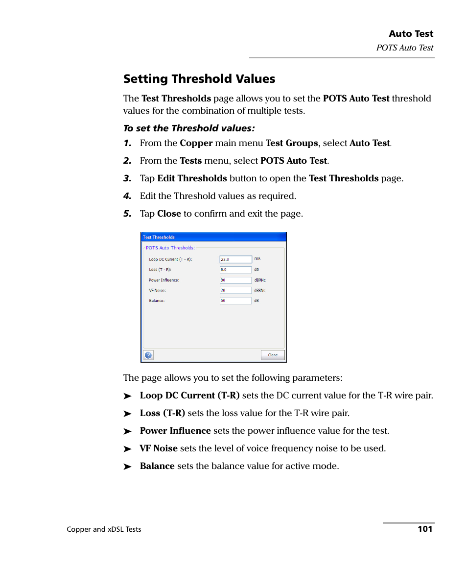 Setting threshold values | EXFO FTB-635 Wideband Copper and DSL Test Module User Manual | Page 109 / 373