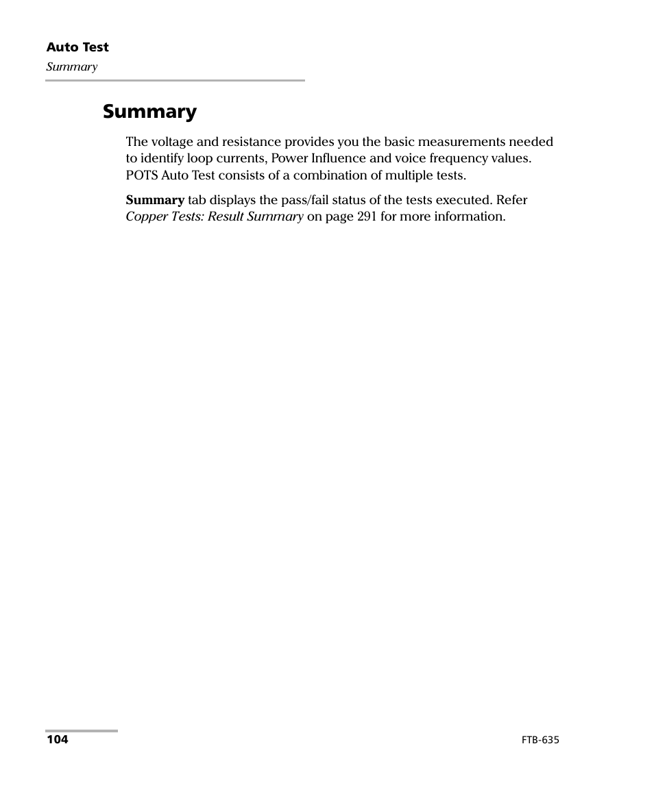 Summary | EXFO FTB-635 Wideband Copper and DSL Test Module User Manual | Page 112 / 373