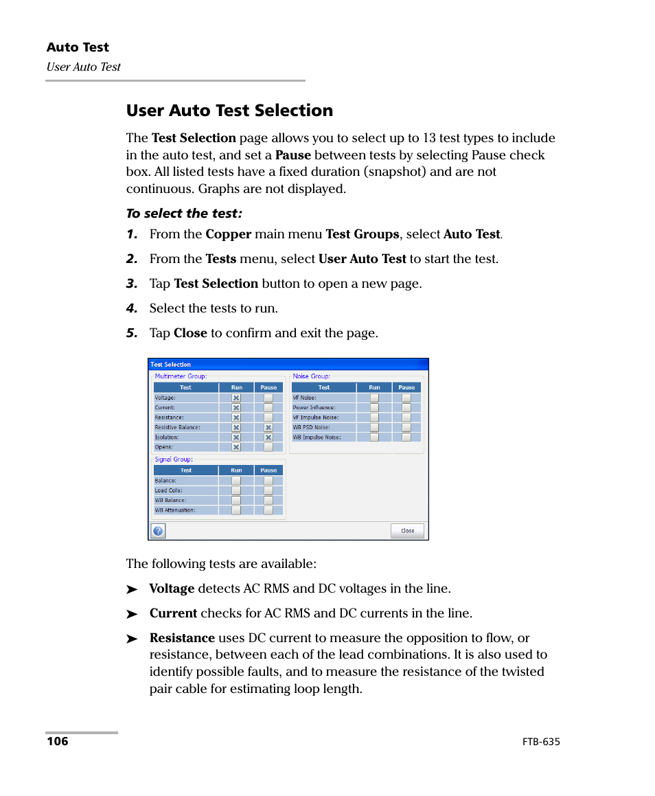User auto test selection | EXFO FTB-635 Wideband Copper and DSL Test Module User Manual | Page 114 / 373