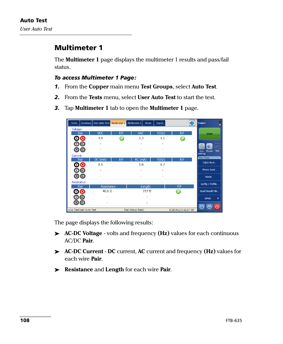 Multimeter 1 | EXFO FTB-635 Wideband Copper and DSL Test Module User Manual | Page 116 / 373