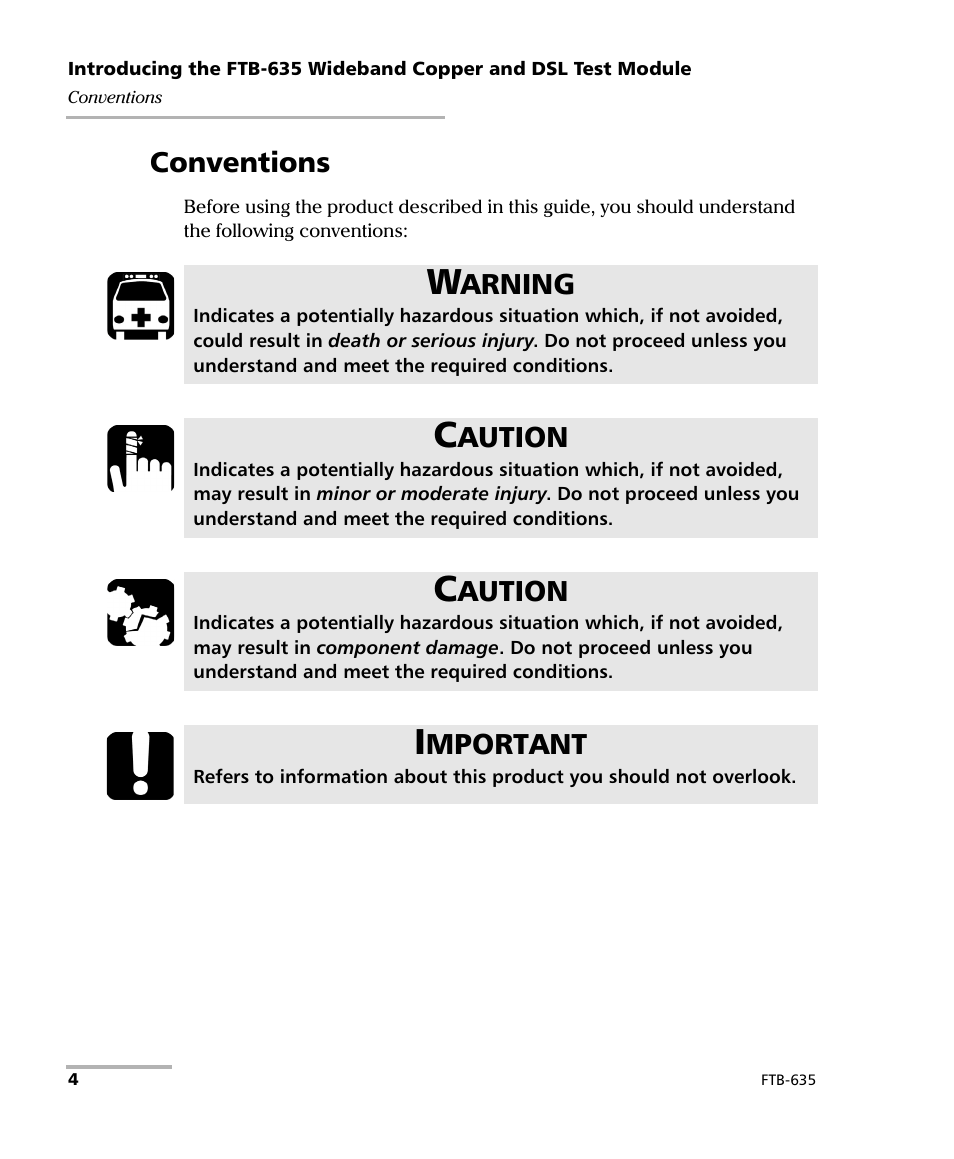Conventions, Arning, Aution | Mportant | EXFO FTB-635 Wideband Copper and DSL Test Module User Manual | Page 12 / 373