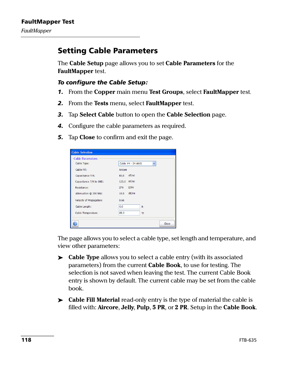 Setting cable parameters | EXFO FTB-635 Wideband Copper and DSL Test Module User Manual | Page 126 / 373