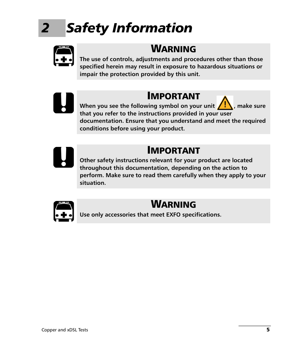 2 safety information, 2safety information | EXFO FTB-635 Wideband Copper and DSL Test Module User Manual | Page 13 / 373