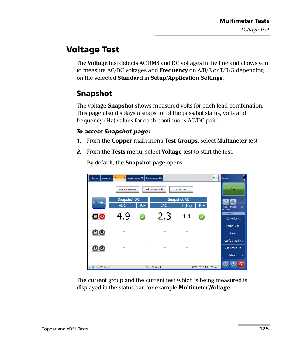 Voltage test, Snapshot | EXFO FTB-635 Wideband Copper and DSL Test Module User Manual | Page 133 / 373