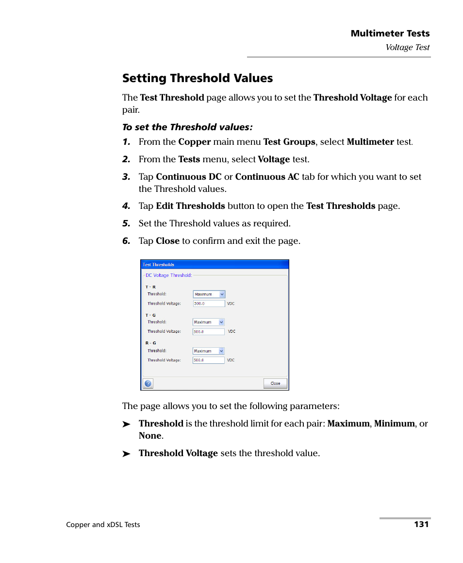 Setting threshold values | EXFO FTB-635 Wideband Copper and DSL Test Module User Manual | Page 139 / 373