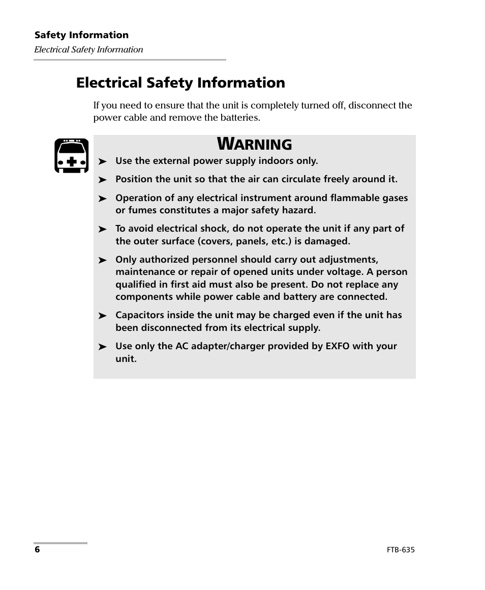 Electrical safety information, Arning | EXFO FTB-635 Wideband Copper and DSL Test Module User Manual | Page 14 / 373