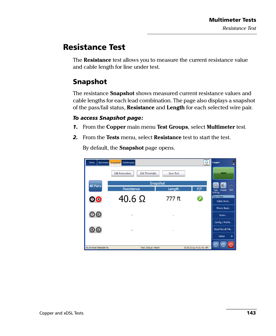 Resistance test, Snapshot | EXFO FTB-635 Wideband Copper and DSL Test Module User Manual | Page 151 / 373