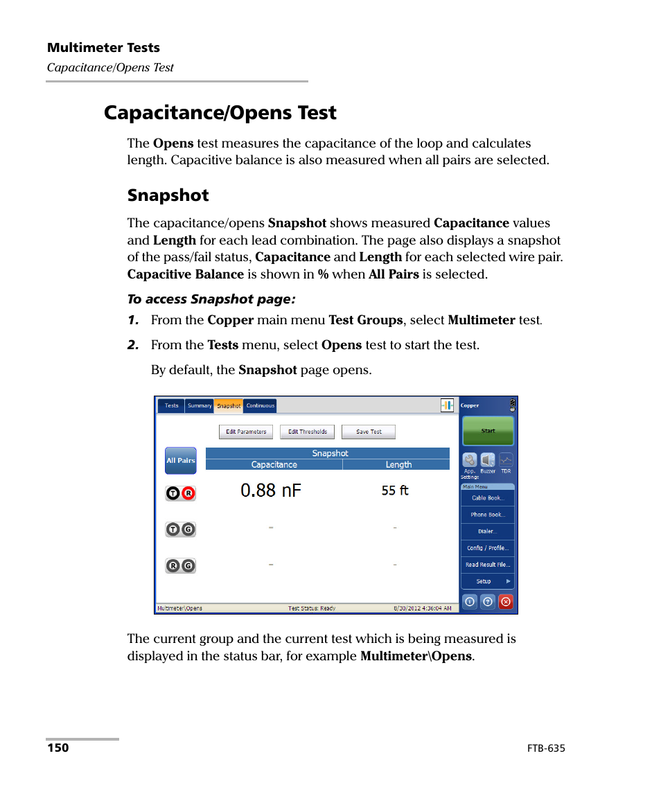 Capacitance/opens test, Snapshot | EXFO FTB-635 Wideband Copper and DSL Test Module User Manual | Page 158 / 373