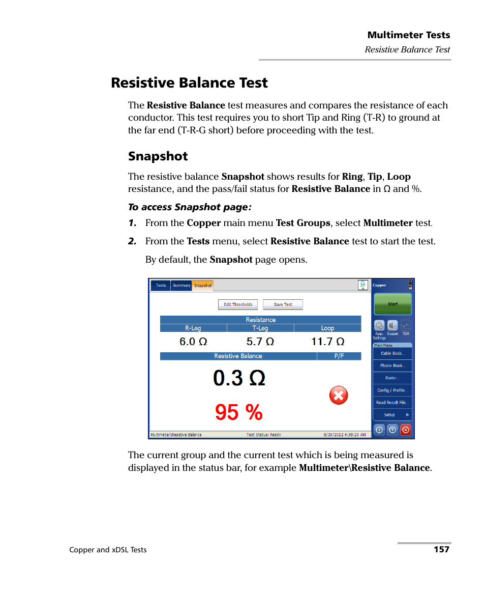 Resistive balance test, Snapshot | EXFO FTB-635 Wideband Copper and DSL Test Module User Manual | Page 165 / 373