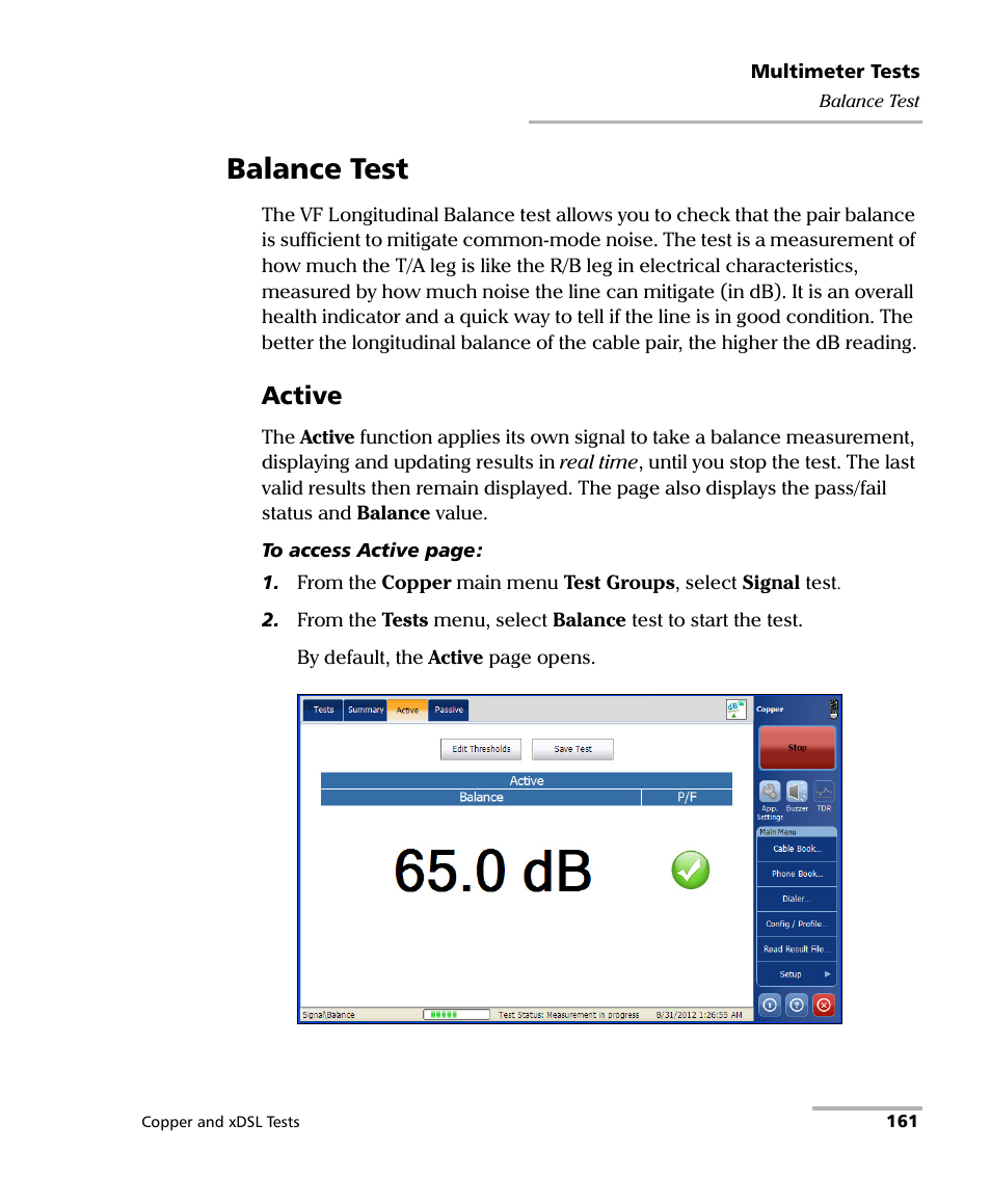 Balance test, Active | EXFO FTB-635 Wideband Copper and DSL Test Module User Manual | Page 169 / 373