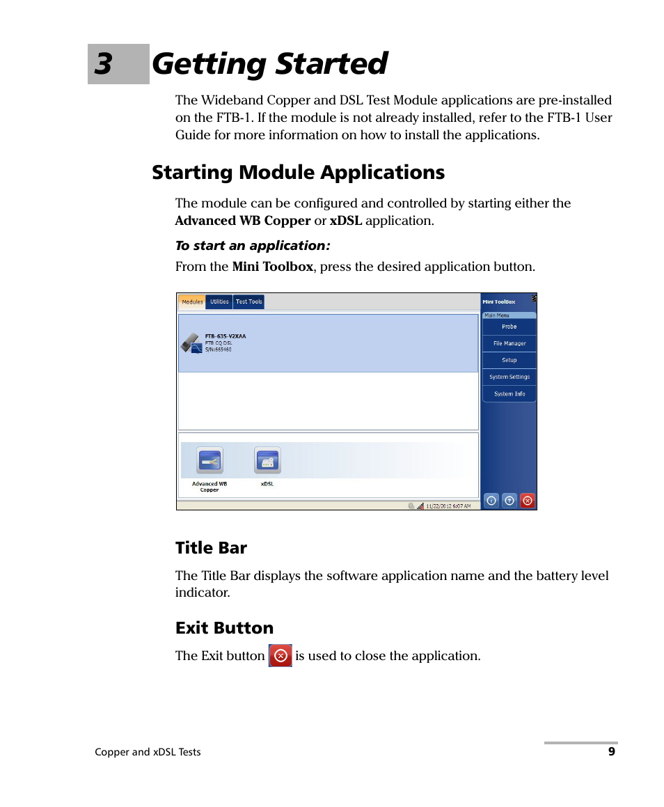 3 getting started, Starting module applications, Title bar | Exit button, 3getting started | EXFO FTB-635 Wideband Copper and DSL Test Module User Manual | Page 17 / 373