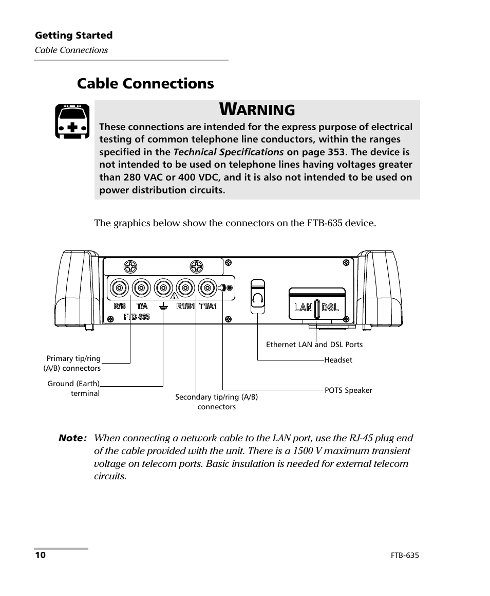 Cable connections, Arning | EXFO FTB-635 Wideband Copper and DSL Test Module User Manual | Page 18 / 373