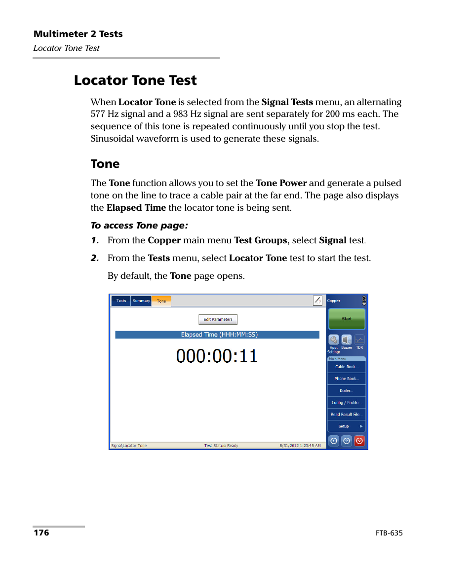 Locator tone test, Tone | EXFO FTB-635 Wideband Copper and DSL Test Module User Manual | Page 184 / 373
