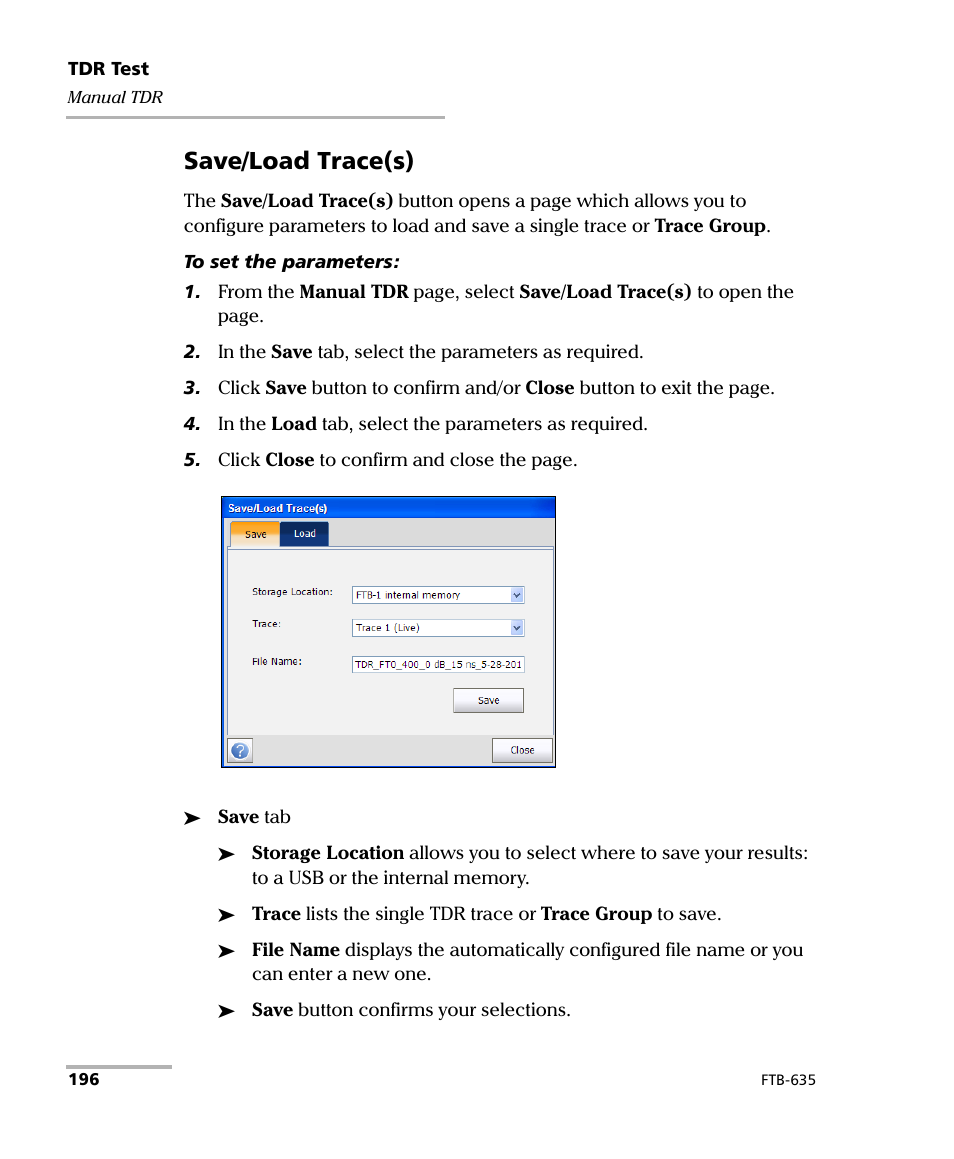 Save/load trace(s) | EXFO FTB-635 Wideband Copper and DSL Test Module User Manual | Page 204 / 373