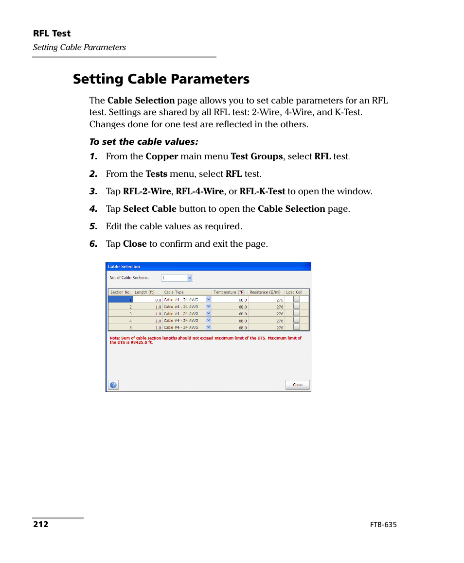 Setting cable parameters | EXFO FTB-635 Wideband Copper and DSL Test Module User Manual | Page 220 / 373