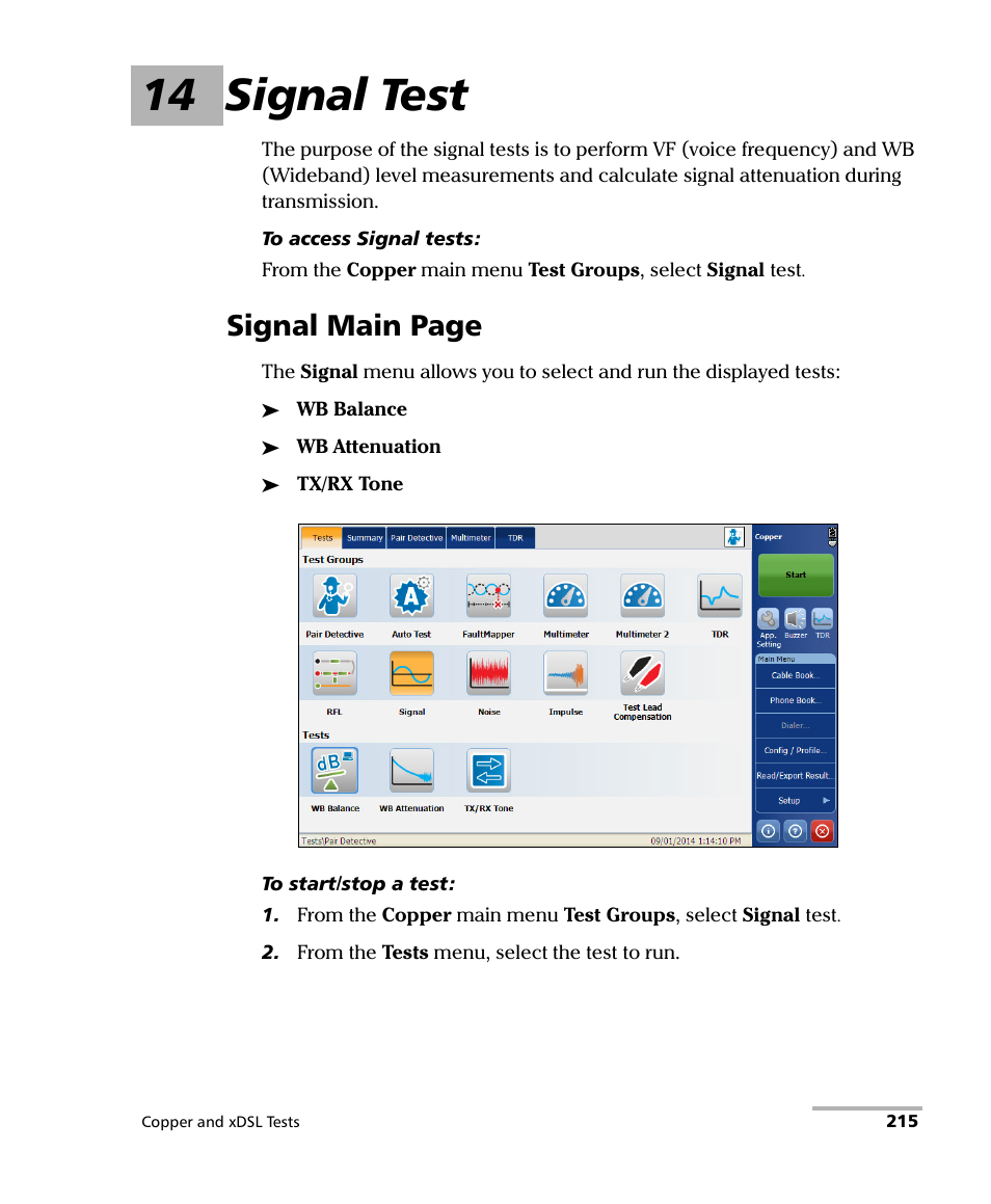 14 signal test, Signal main page | EXFO FTB-635 Wideband Copper and DSL Test Module User Manual | Page 223 / 373