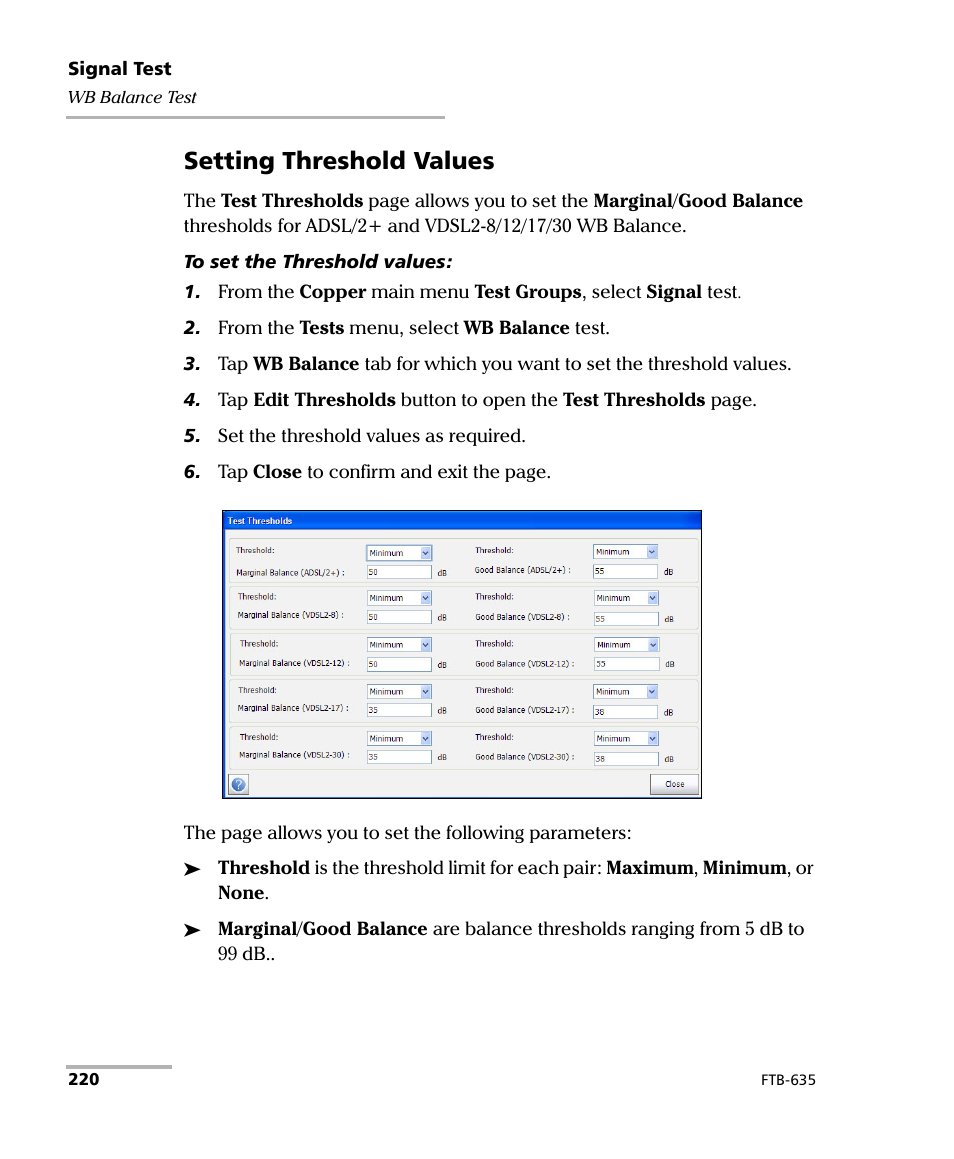 Setting threshold values | EXFO FTB-635 Wideband Copper and DSL Test Module User Manual | Page 228 / 373