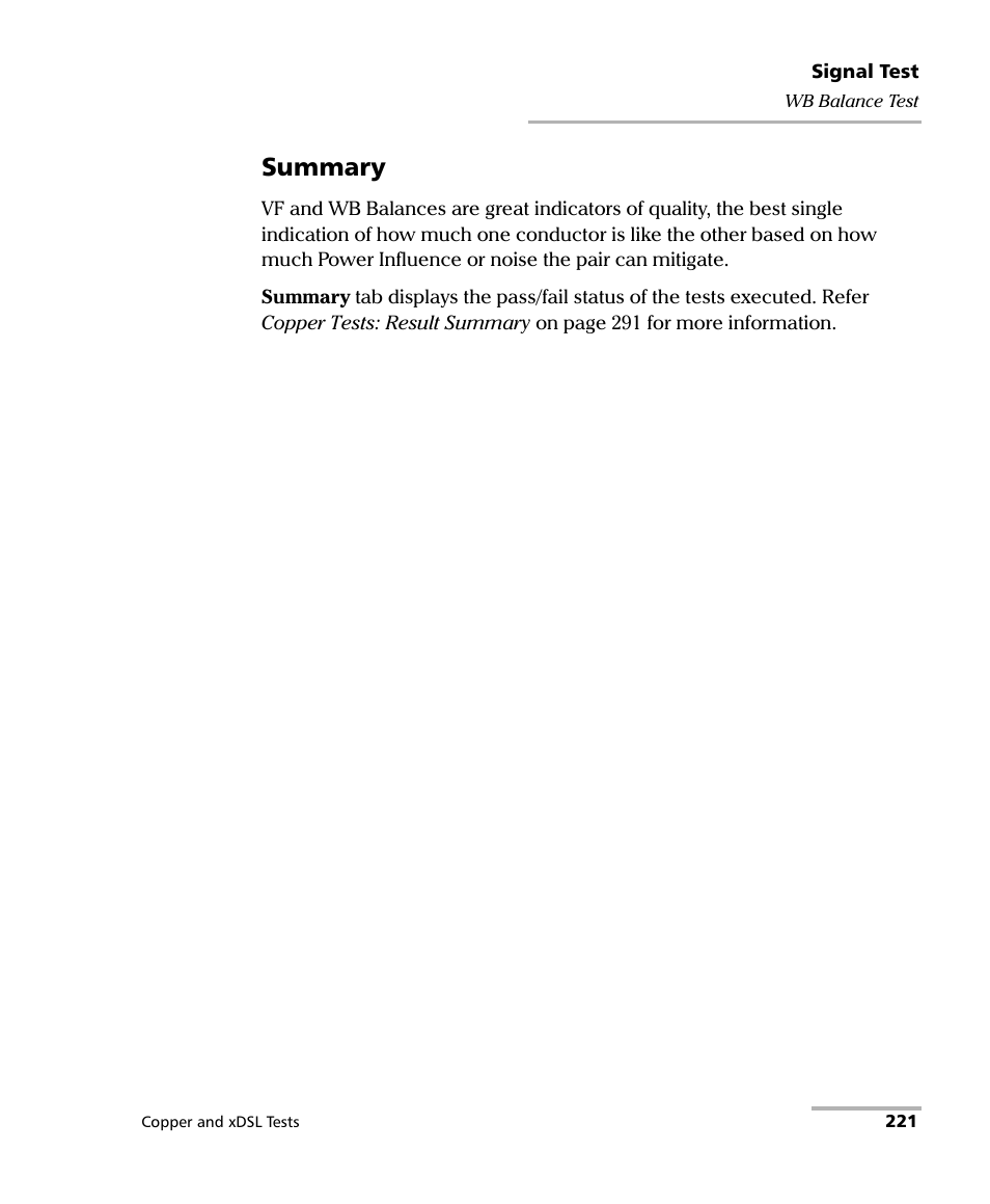 Summary | EXFO FTB-635 Wideband Copper and DSL Test Module User Manual | Page 229 / 373