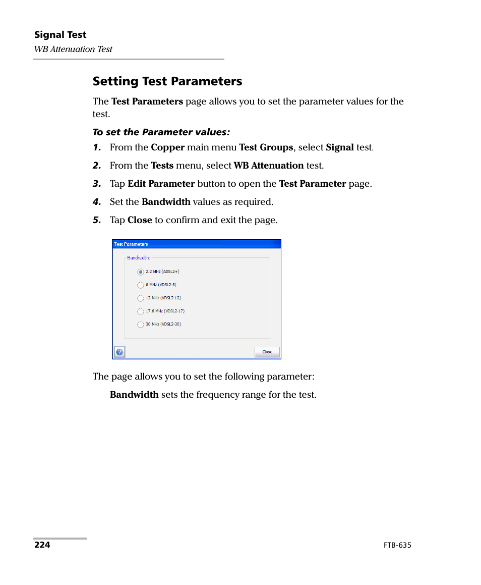 Setting test parameters | EXFO FTB-635 Wideband Copper and DSL Test Module User Manual | Page 232 / 373