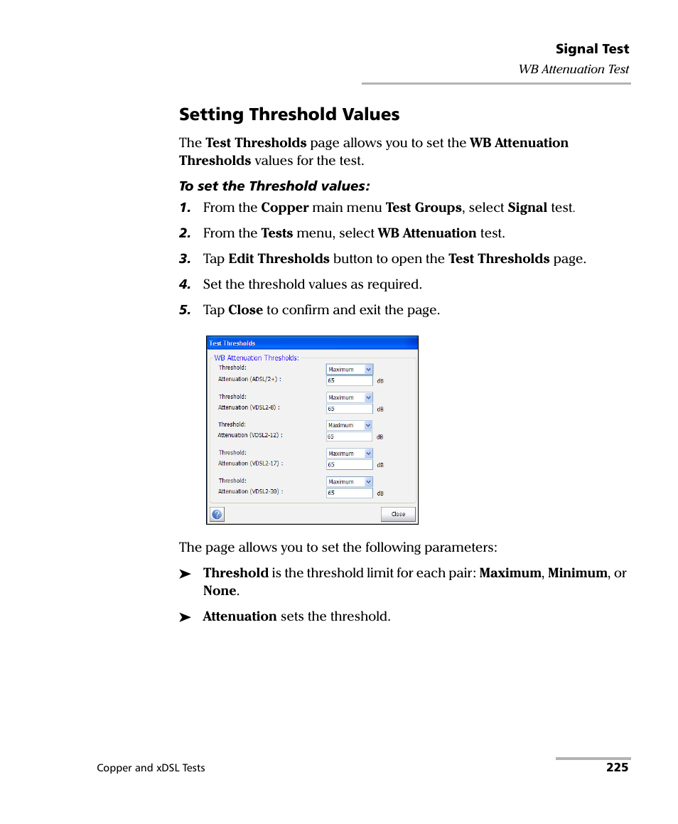 Setting threshold values | EXFO FTB-635 Wideband Copper and DSL Test Module User Manual | Page 233 / 373