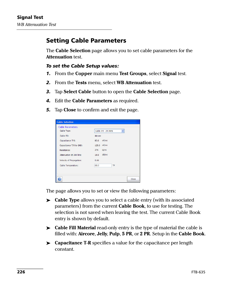 Setting cable parameters | EXFO FTB-635 Wideband Copper and DSL Test Module User Manual | Page 234 / 373