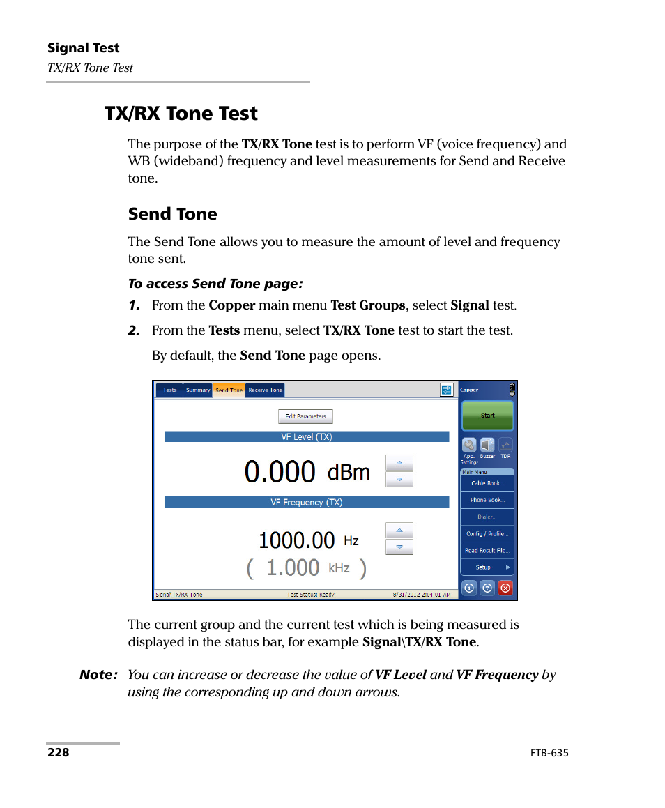 Tx/rx tone test, Send tone | EXFO FTB-635 Wideband Copper and DSL Test Module User Manual | Page 236 / 373