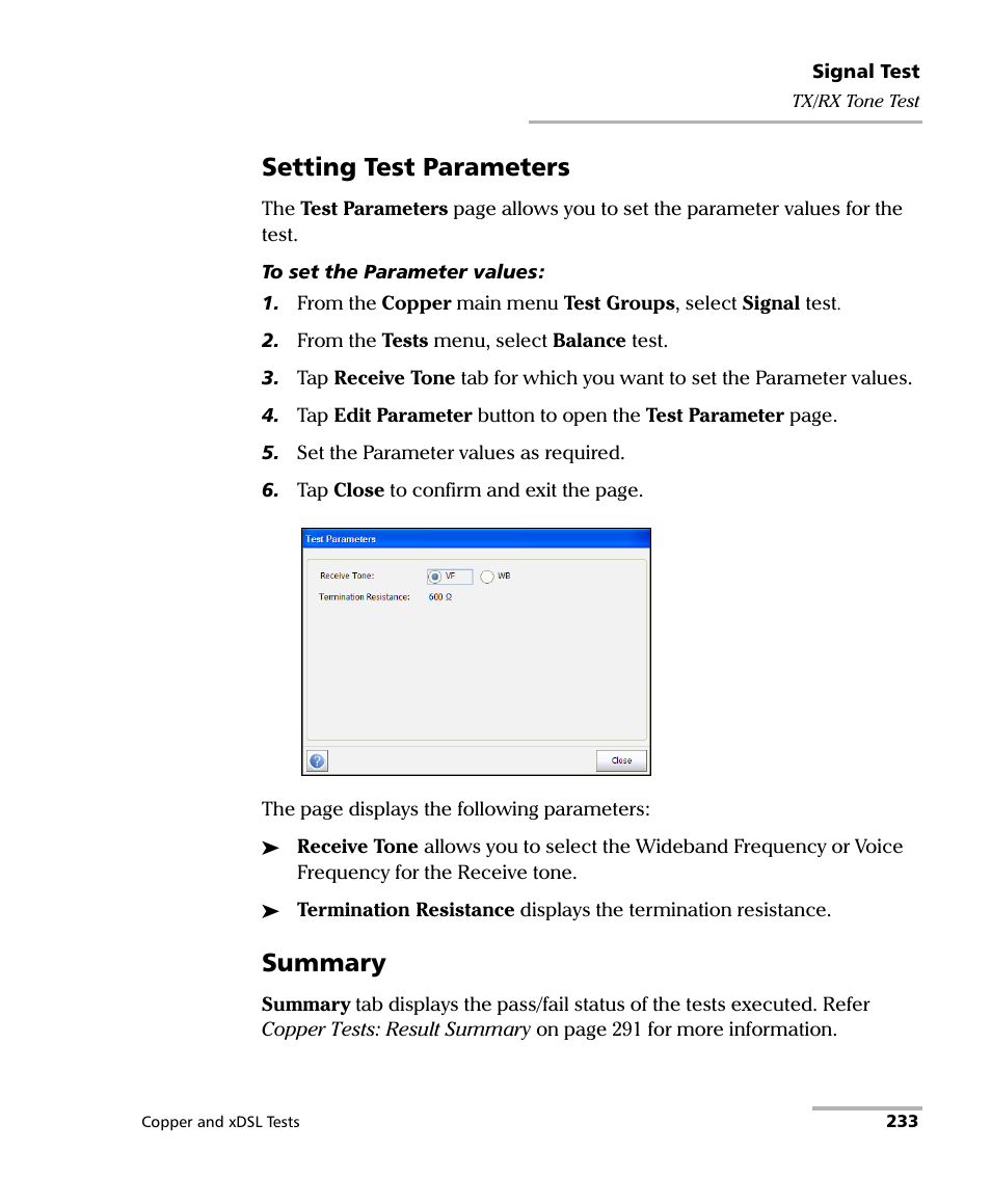 Setting test parameters, Summary | EXFO FTB-635 Wideband Copper and DSL Test Module User Manual | Page 241 / 373