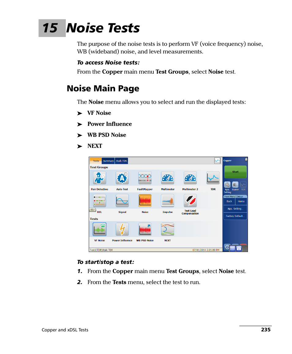 15 noise tests, Noise main page | EXFO FTB-635 Wideband Copper and DSL Test Module User Manual | Page 243 / 373