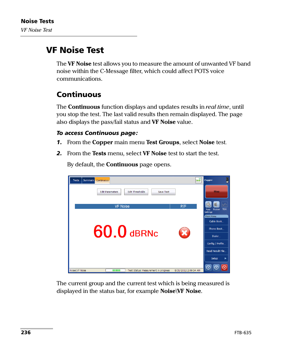 Vf noise test, Continuous | EXFO FTB-635 Wideband Copper and DSL Test Module User Manual | Page 244 / 373
