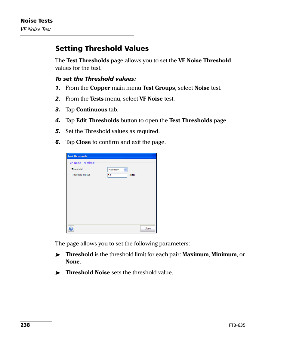 Setting threshold values | EXFO FTB-635 Wideband Copper and DSL Test Module User Manual | Page 246 / 373