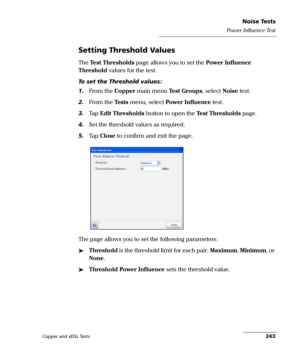Setting threshold values | EXFO FTB-635 Wideband Copper and DSL Test Module User Manual | Page 251 / 373