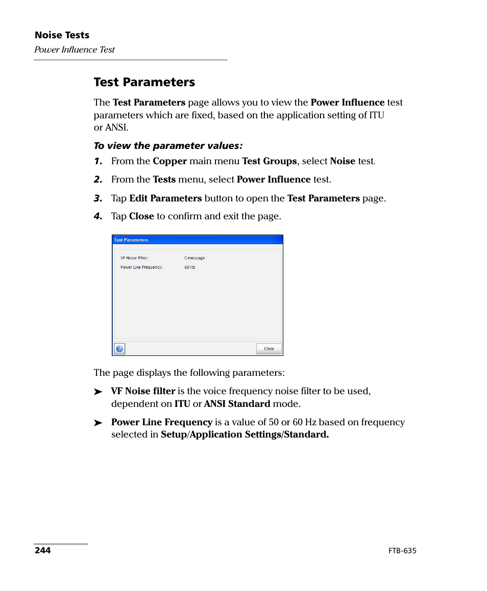 Test parameters | EXFO FTB-635 Wideband Copper and DSL Test Module User Manual | Page 252 / 373