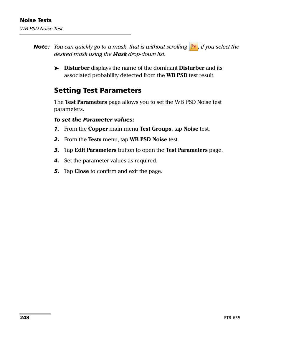 Setting test parameters | EXFO FTB-635 Wideband Copper and DSL Test Module User Manual | Page 256 / 373