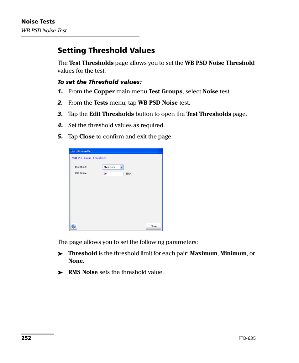 Setting threshold values | EXFO FTB-635 Wideband Copper and DSL Test Module User Manual | Page 260 / 373