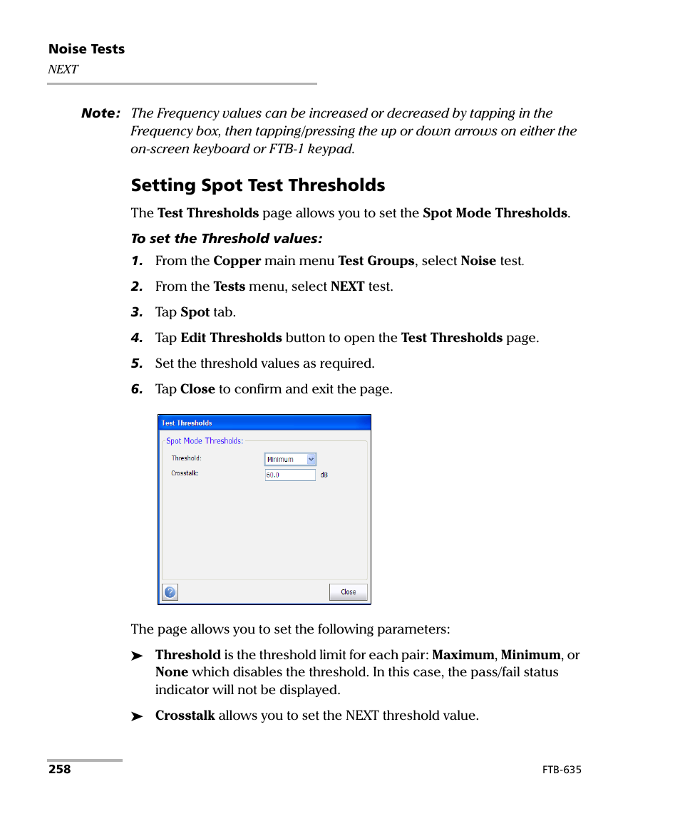Setting spot test thresholds | EXFO FTB-635 Wideband Copper and DSL Test Module User Manual | Page 266 / 373