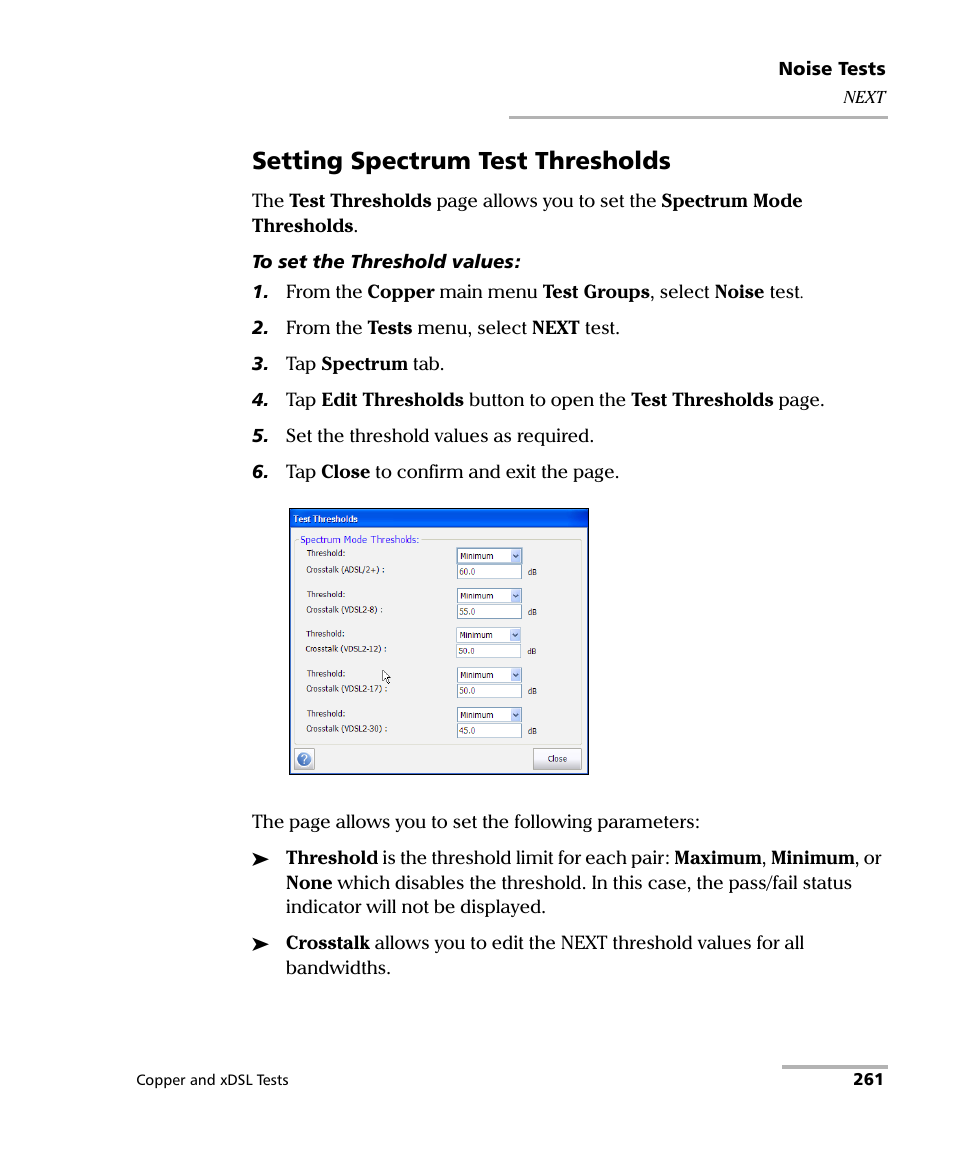 Setting spectrum test thresholds | EXFO FTB-635 Wideband Copper and DSL Test Module User Manual | Page 269 / 373