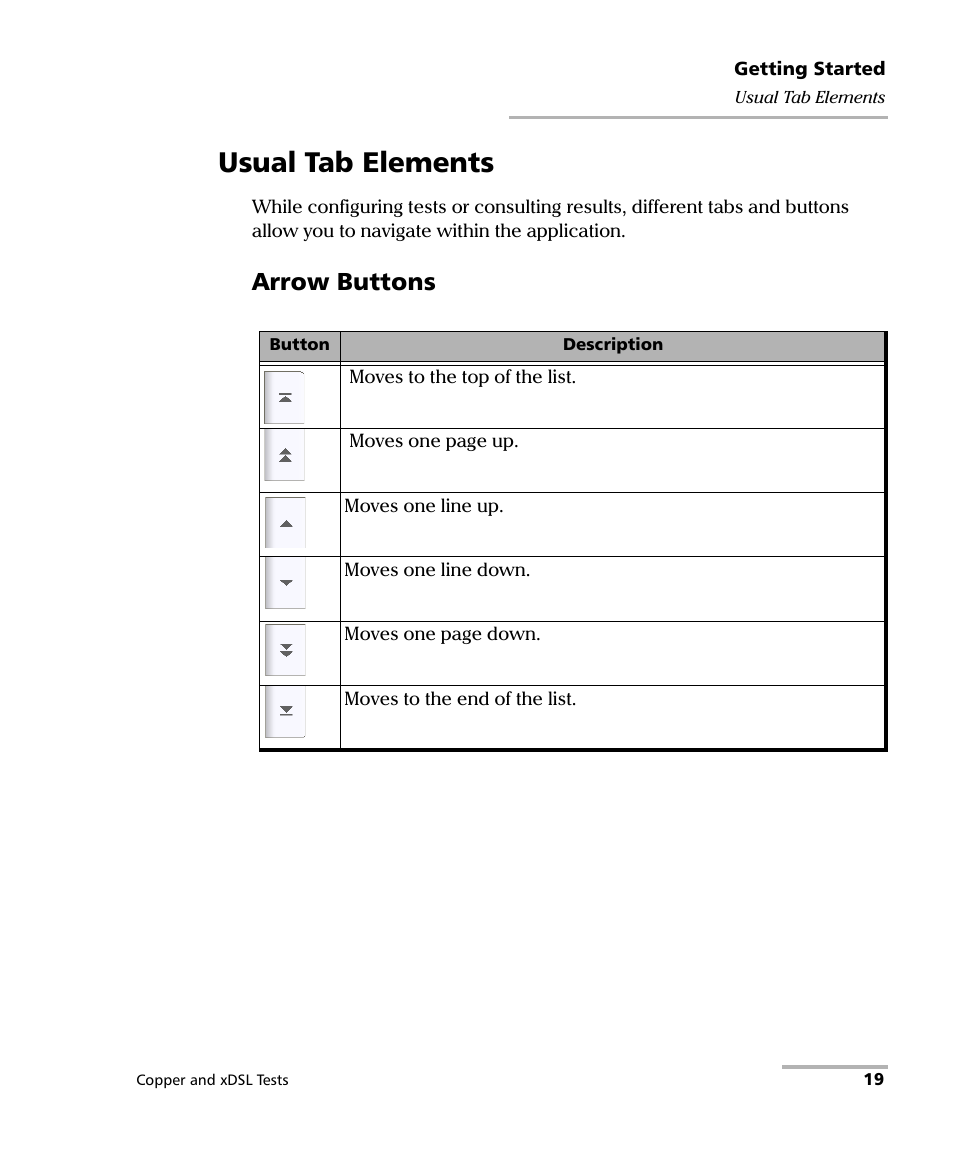 Usual tab elements, Arrow buttons | EXFO FTB-635 Wideband Copper and DSL Test Module User Manual | Page 27 / 373