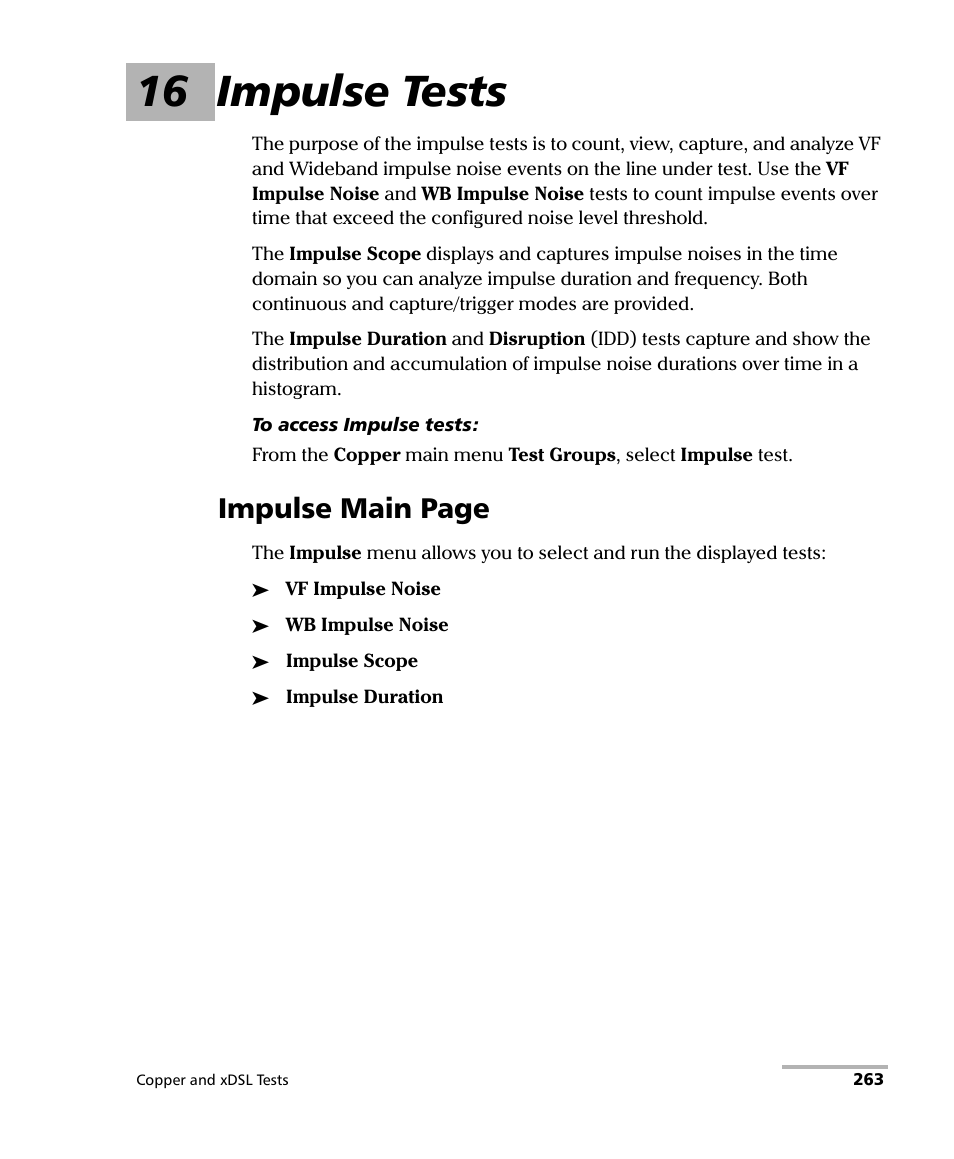16 impulse tests, Impulse main page | EXFO FTB-635 Wideband Copper and DSL Test Module User Manual | Page 271 / 373