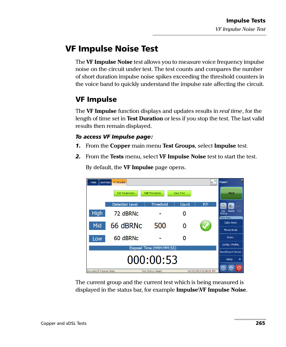 Vf impulse noise test, Vf impulse | EXFO FTB-635 Wideband Copper and DSL Test Module User Manual | Page 273 / 373